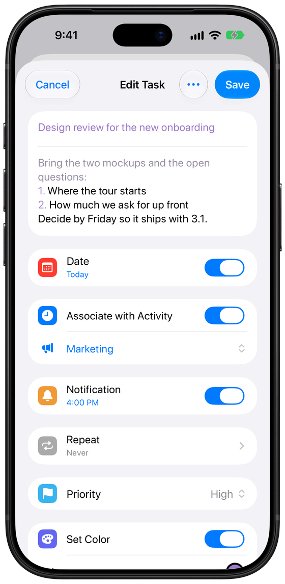 A task with notes, tags, colour and attachments