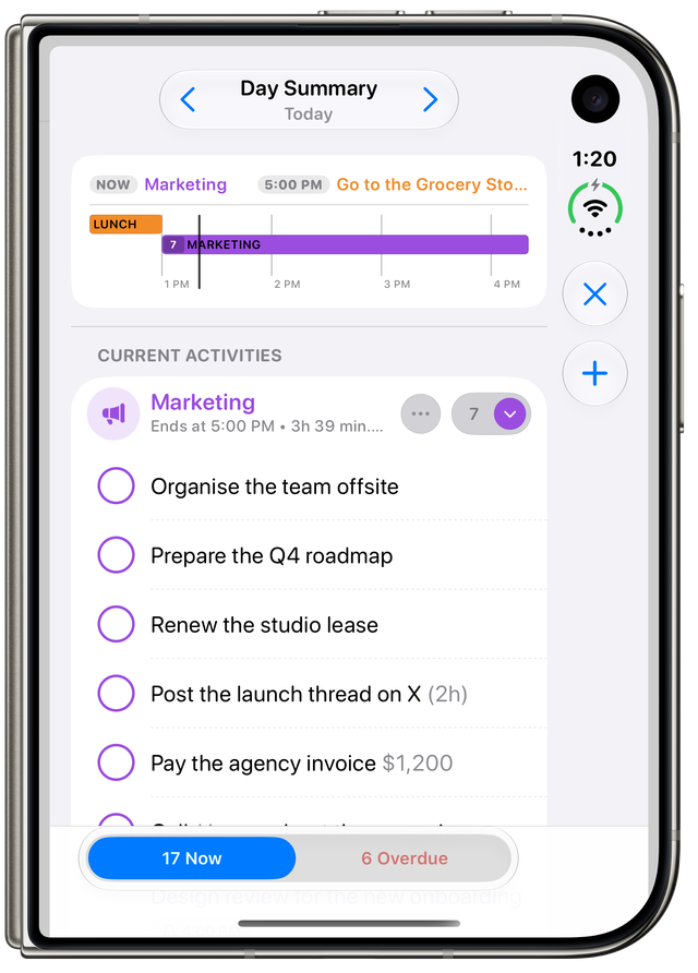 Day Summary on the closed iPhone Duo: the Marketing block in progress, its tasks, and what is due now