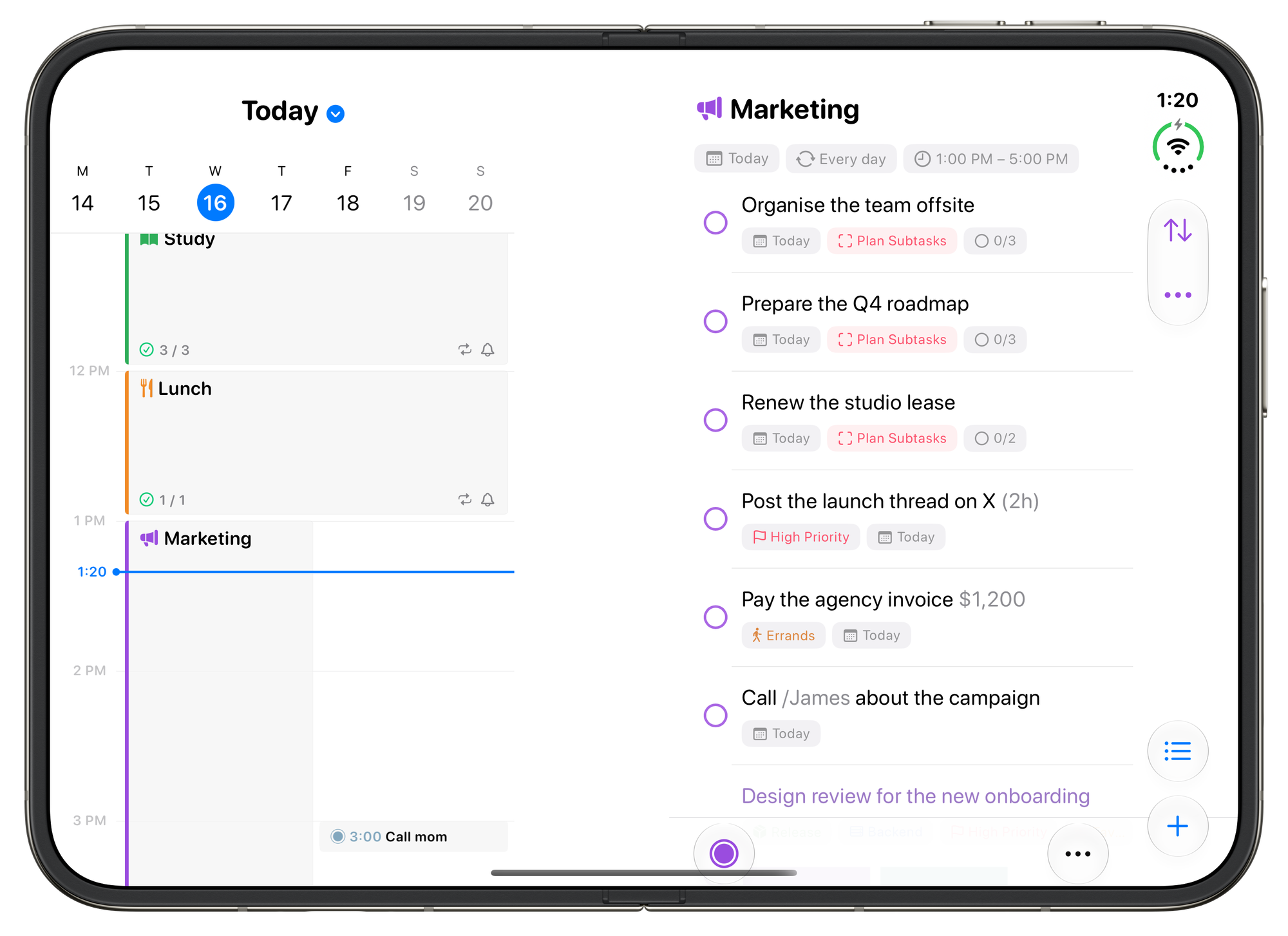 The Day view beside the Marketing block's tasks on a partly folded iPhone Duo