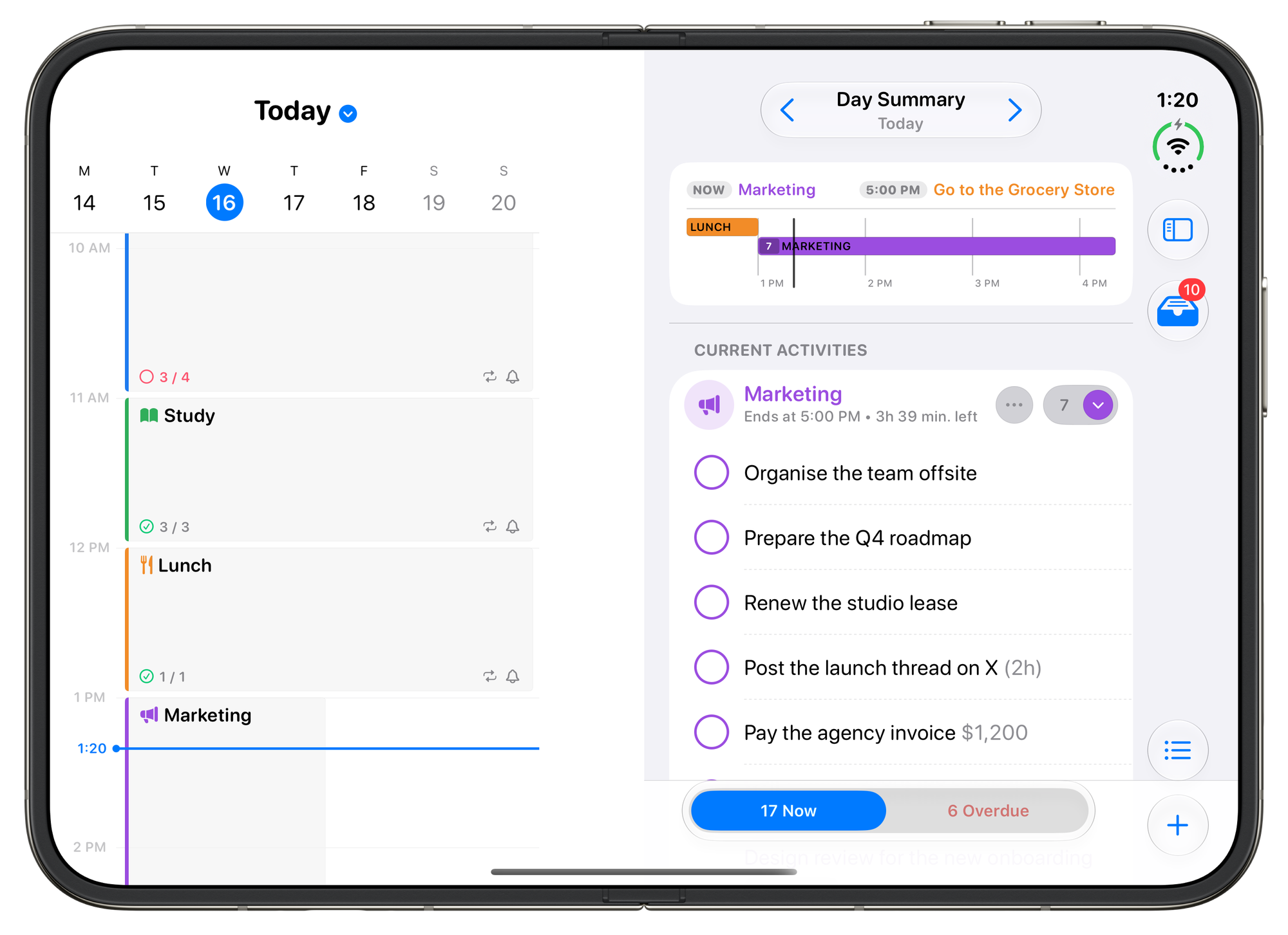 The Day view beside Day Summary on the open iPhone Duo in landscape, during the Marketing block