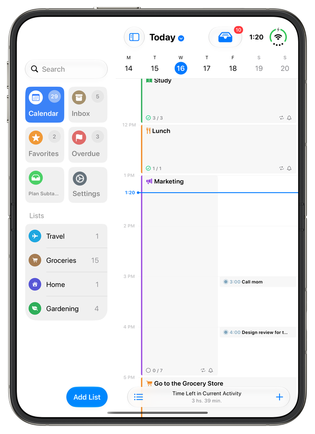 The sidebar with lists next to the full-height Day view on the open iPhone Duo, mid-afternoon
